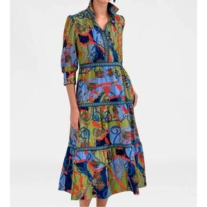 Gretchen Scott Damsel Midi Dress Ditto Print Olive Tiered Style Button Front